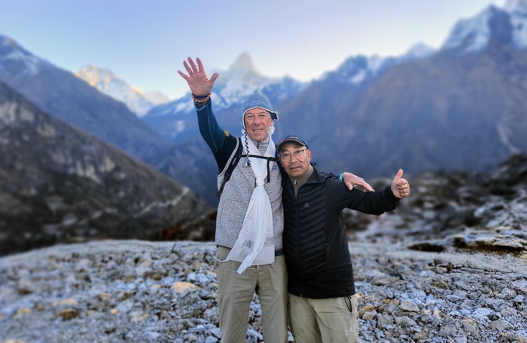 Gary Lesley with Pema Chhosang near the Khumjung village helipad