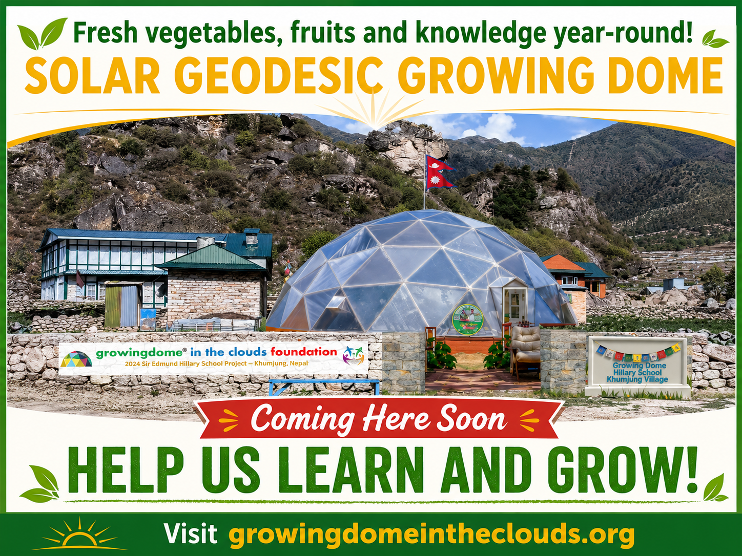 Project sign for the solar geodesic Growing Dome at the Sir Edmund Hillary School in Khumjung, Nepal
